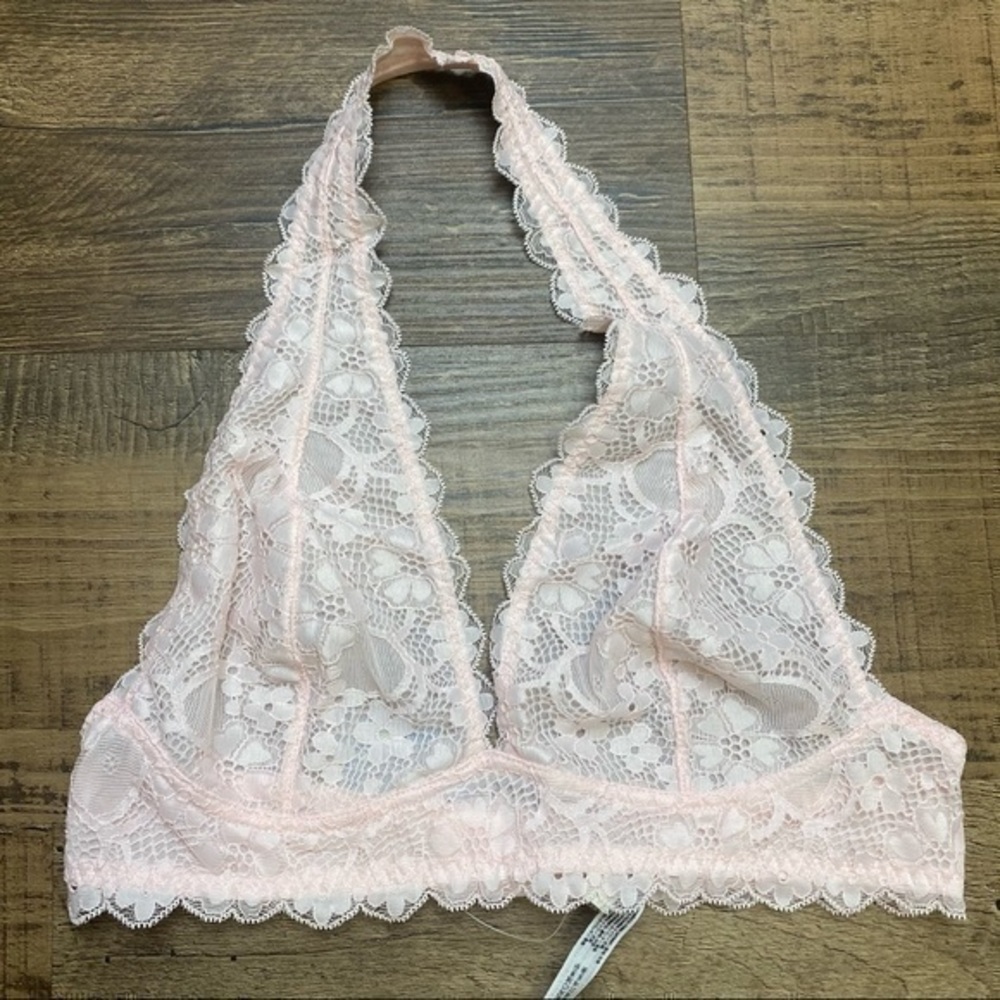 26.Galloon Halter Pink Lace Bralette Medium free people lace bra - Picture 2 of 2